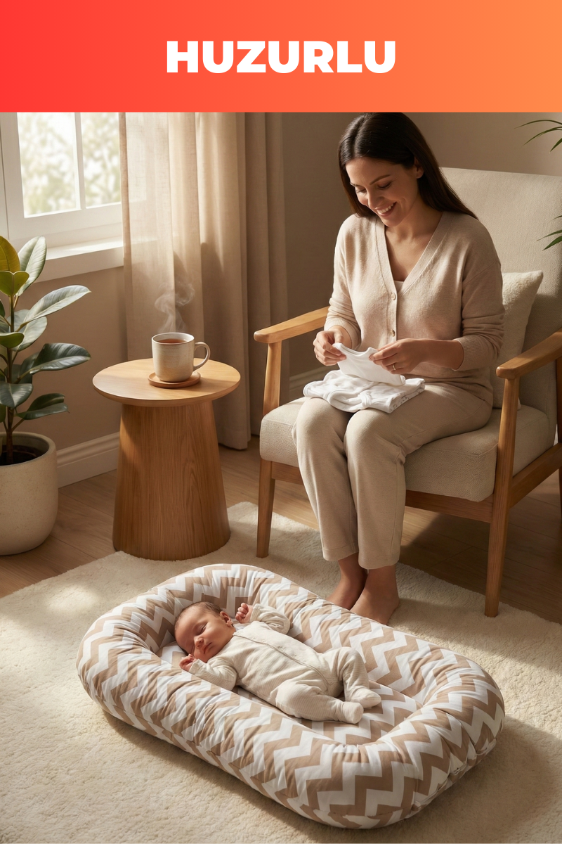 Organik Pamuk Baby Nest – Kahve Zigzag Desenli – Yeni Doğan Yatak, Nefes Alabilen, Anti-Alerjik, Güvenli Uyku Alanı