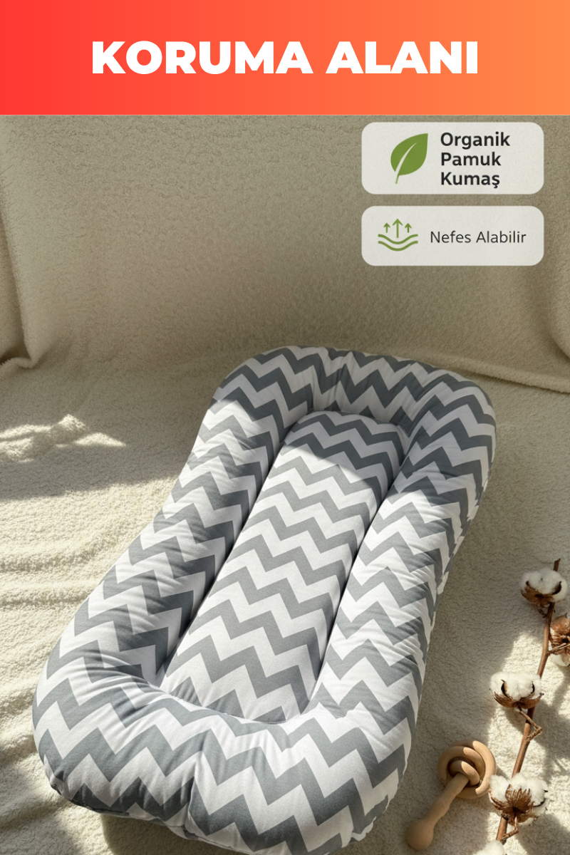 Organik Pamuk Yeni Doğan Baby Nest – Gri Zigzag Desenli – Nefes Alabilen, Anti-Alerjik, Taşınabilir & Beşik İçi Kullanıma Uygun