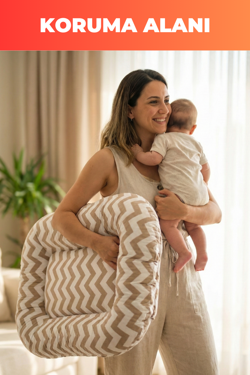 Organik Pamuk Baby Nest – Kahve Zigzag Desenli – Yeni Doğan Yatak, Nefes Alabilen, Anti-Alerjik, Güvenli Uyku Alanı