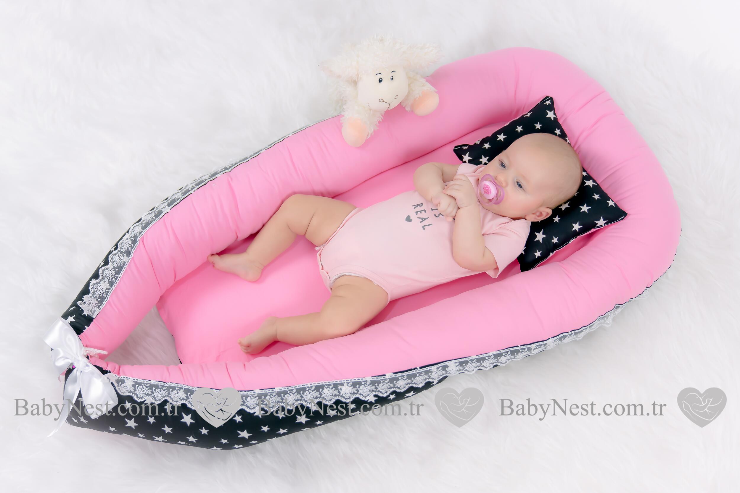 Babynest Pembe Ve Siyah Yıldız Güpürlü