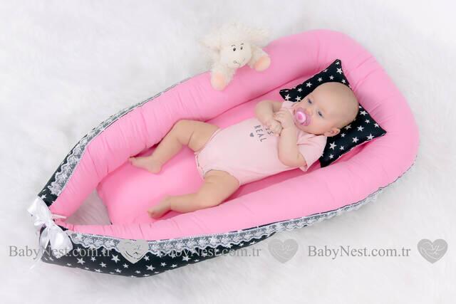 BabyNest Pembe ve Siyah Yıldız Güpürlü